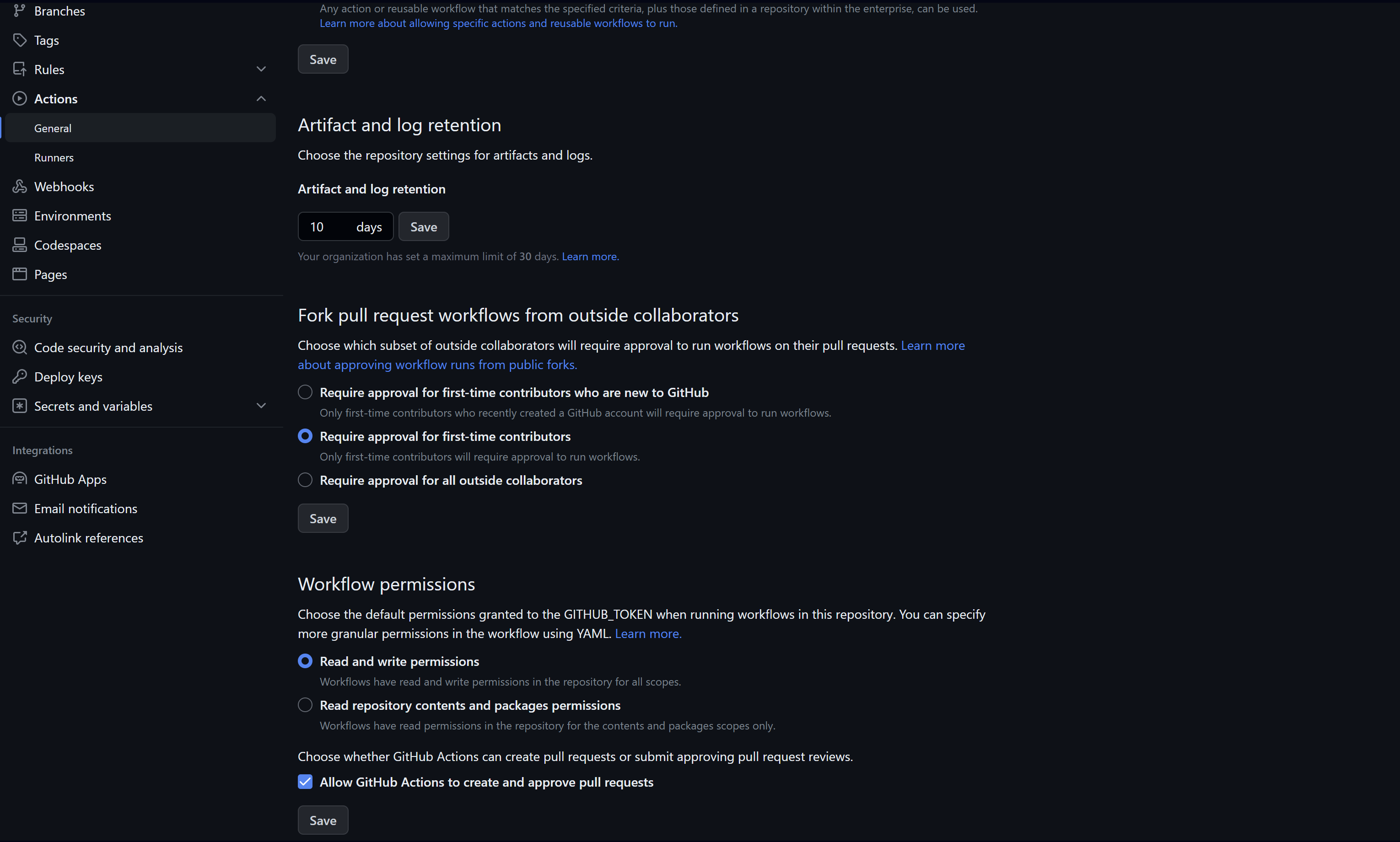 GitHub workflow permissions settings